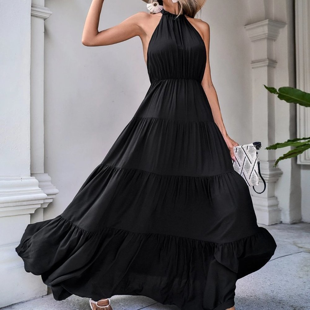 Tie Backless Ruffle Hem Halter Dress - Black - Picture 2 of 5